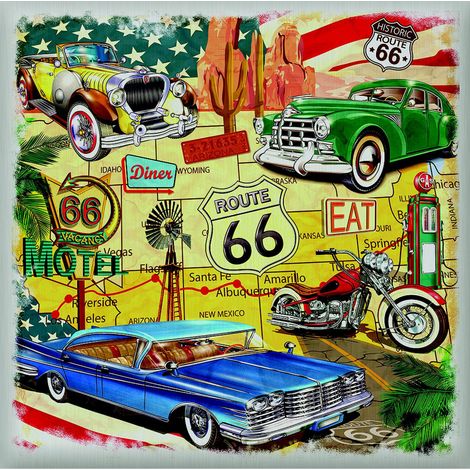 Sticker Vintage voiture et moto USA route 66 - 1 planche 30 x 30 cm (1/5)