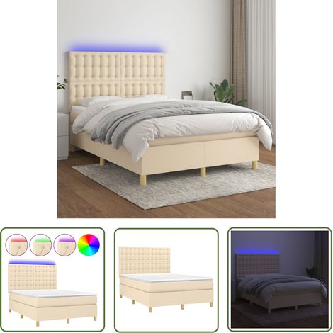 The Living Store Sommier à lattes de lit et matelas et LED Crème 140x190cm Tissu - Lit Plateforme - Lit Créme - Lit Design - Lit Avec Led - Matelas À Ressorts Ensachés (1/5)