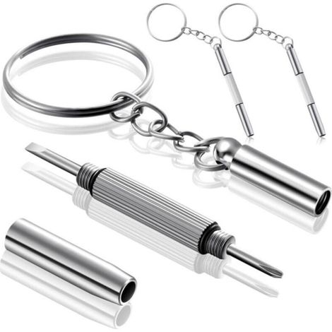 Tournevis pour lunettes portable 3-en-1 – Lot de 2 mini tournevis en acier inoxydable avec porte-clés, kit de réparation compact (1/4)