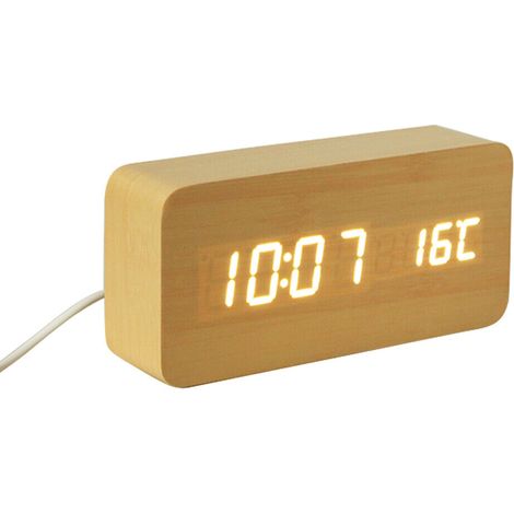 Horloge De Table - Affichage Date Température - 3 Réveils Programmables - Mode Veille Vocal - Alimentation USB Ou Piles AAA - Bois Imitation Hêtre (1/5)