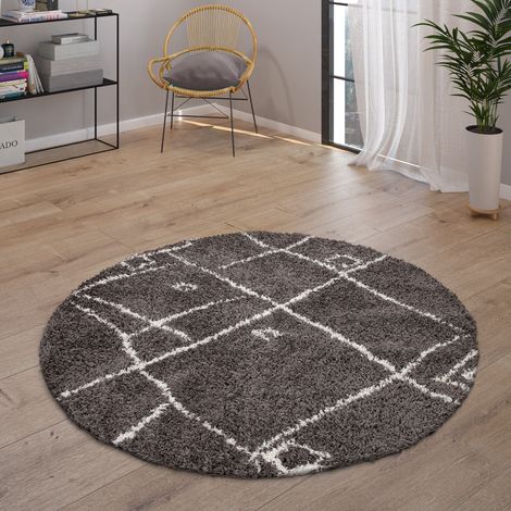Paco Home Hochflor Teppich Wohnzimmer Shaggy Skandinavisch Fransen Flauschig Modern 200 cm Rund, Anthrazit 2