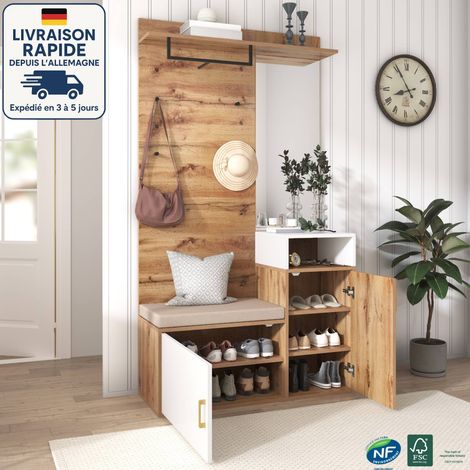 Armario 105x40x190,5cm, con espejo, zapatero, perchero, banco y colgadores, (requiere taladrar y perforar en la pared) color madera (1/5)
