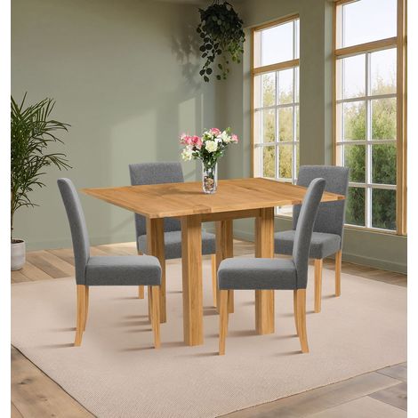 Hallowood Furniture Waverly Light Oak Dining Table and Chairs Set 4, Small Folding or Extending Kitchen Table and Chairs in Straight Back and Upholstered Grey Fabric for Home and Café (1/5)