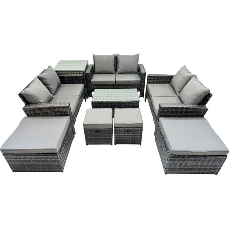 Fimous PE Rattan Garden Furniture Set Lounge Double Seat Sofa Coffee Table Set with Side Table 4 Stools Dark Grey MixedMixed (1/5)