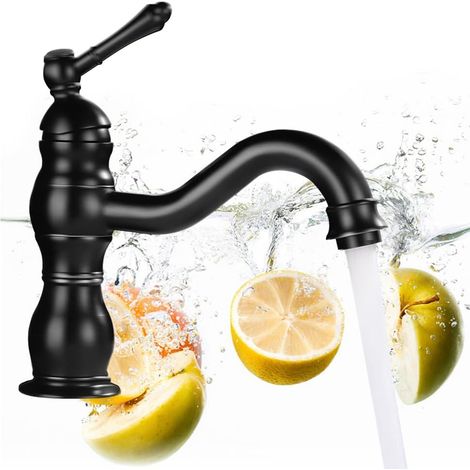 Robinet de lavabo rétro vintage - Noir mat - Haut - Mitigeur monocommande en laiton pour salle de bain et toilettes
