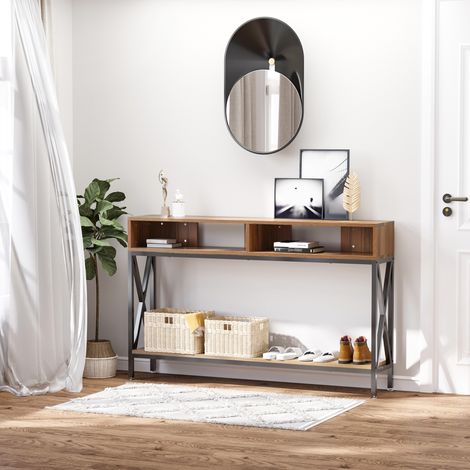 HOMCOM Table Console Table d'Entrée Industriel Multi-rangements 120 x 23.5 x 75 cm Bois Noyer
