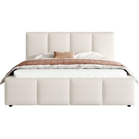 Letto matrimoniale imbottito 160 x 200 cm con rete a doghe, testiera spessa 11 cm e struttura incassata, rivestimento bouclé beige - CHICFURN (1/5)