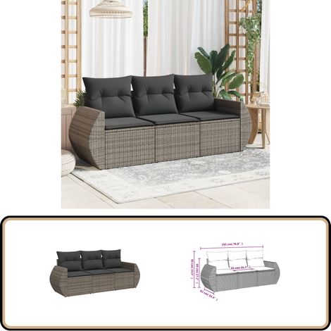 3-tlg. Garten-Sofagarnitur mit Kissen Grau Poly Rattan - Gartensortiment - Gartenmöbelset - Outdoor Lounge - Rattan Gartenmöbel - Polyethylen Gartenmöbel