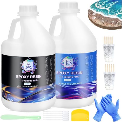 Resine Epóxy,4.5 L Kit de Resin Epóxy Transparente et Durcisseur 1: 1 Ratio Revêtement pour Bois,DIY,Créations ArtistiquesTable,Décoration (1/5)