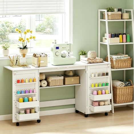 Tavolo da cucito pieghevole 160x40x81,5 cm in legno bianco con contenitore FloraGrace (1/5)
