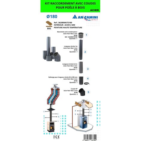 AN CAMINI Kit de raccordement avec coudes pour poêle à bois - acier noir 2 mm Ø180 - avec manchette, longueurs droites, rallonge ajustable et coudes 45°