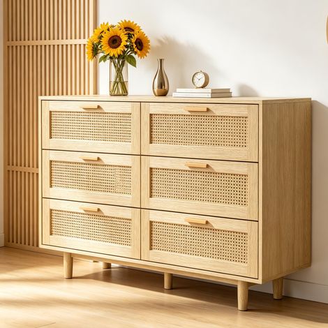 Commode 6 tiroirs - armoire de rangement - Armoire de rangement de 115 cm - Osier couleur chêne - Style moderne (1/5)