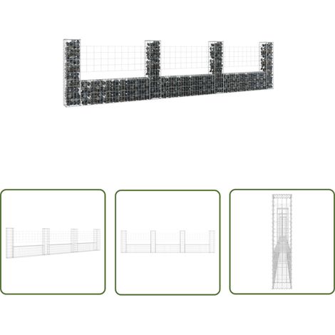 The Living Store Gabionenkorb U-Form mit 4 Säulen Eisen 380x20x100 cm - Eisenzaun - Gabionsystem - Gartenabtrennung - Terrassenrand - Begrenzungsmauer (1/5)