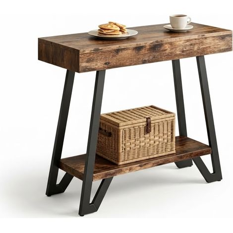 ELVMI Mesa auxiliar rectangular de 2 niveles con patas regulables, estilo industrial, salón, 116 x 37 x 14 cm (1/5)
