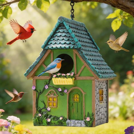 Buntes Vogelhaus mit Kette, wetterfestes Kunstharz, für Garten & Außenbereich