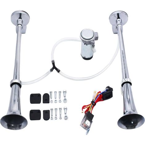 Klaxon pneumatique 12V avec compresseur – Son puissant avec deux trompettes chromées – Installation facile pour camions, tracteurs, motos, bateaux