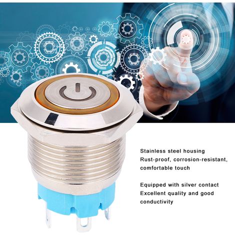 Lot de 2 boutons-poussoirs éclairés LED jaunes acier inoxydable 19 mm ronds 4 broches 12-24V CC IP65 momentanés NO pour alimentation (1/5)