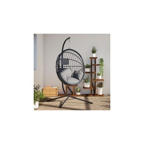 Chaise suspendue en forme d'œuf et support gris rotin et acier (1/5)