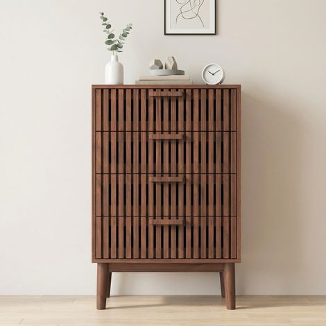 Commode 4 tiroirs naturel design, 60x34x91 cm, buffet bas, meuble de rangement, anti-basculement, convient pour salon, chambre, entrée - Noyer Couleur