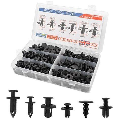 Kit di 190 clip di fissaggio per auto, rivetti in plastica nera, clip protettive per pannelli delle portiere e paraurti, compatibili con la maggior parte dei veicoli. (1/4)