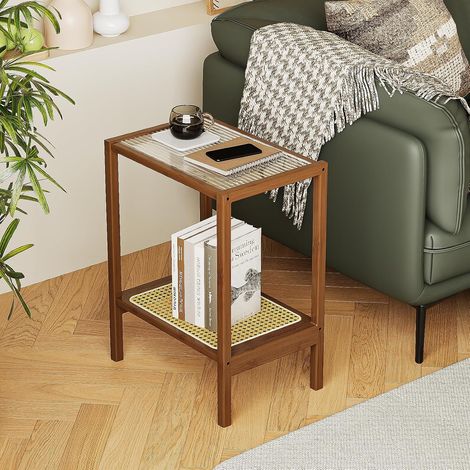 Table d'appoint en rotin pour petits espaces, chambre à coucher, salon, table de chevet basse en bambou et verre rotin, 2 niveaux avec rangement, style bohème (1/5)