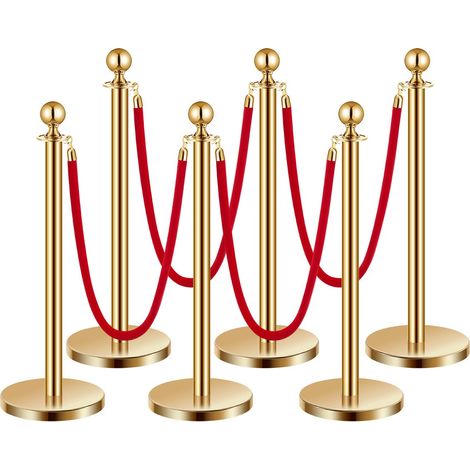 Poteau de guidage, 6 pcs, barrière de balisage pour contrôle de foules, avec base creuse, 4 cordes velours rouge et poteaux dorés en acier inoxydable, pour file d'attente en public, hôtel, fête (1/5)