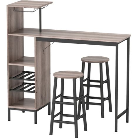 3-tlg. Ensemble Bartisch avec espace de rangement, étagères pour vin, lumières en verre, tabourets avec support de pied, pour petits espaces, gris (1/5)