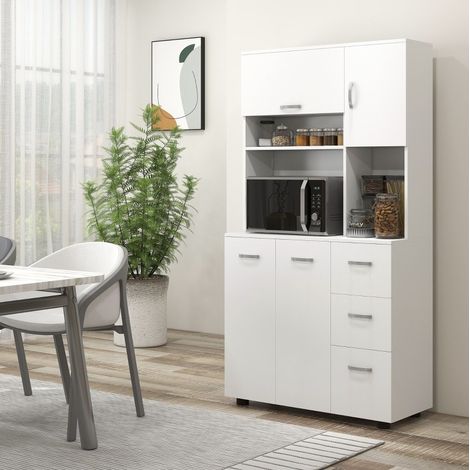 Credenza da cucina 89x39.5x168 cm, ampia superficie di lavoro, 3 cassetti, 3 ripiani, legno bianco (1/5)