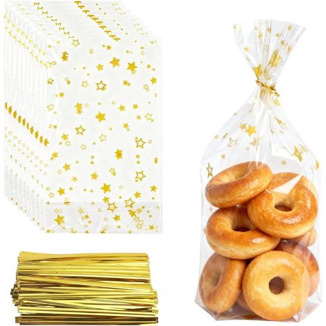 Sacs à biscuits de Noël – 150 sacs en cellophane transparents avec fond (dimensions : 24 x 15 cm), petits sacs en étoile dorée, adaptés aux biscuits, aux bonbons, au chocolat, et pour Noël, les annive (1/5)