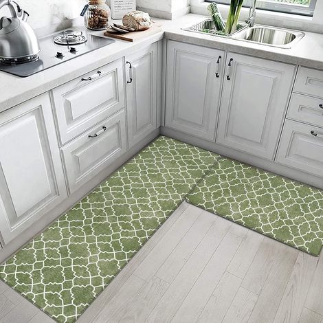 Kitchen PVC printed floor mat, long strip, waterproof and oil-proof, easy to clean, household leather rug - window lattice green - 441501.0cm