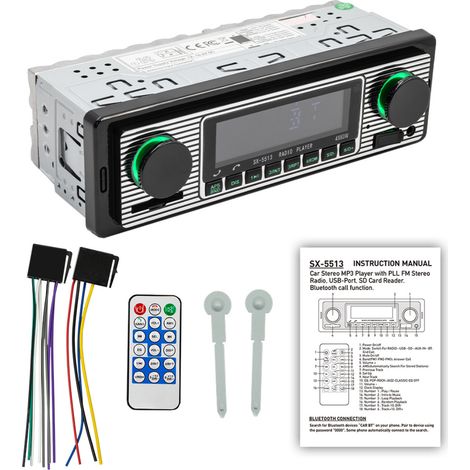 1 Autoradio simple DIN, Bluetooth, radio FM, mains libres, MP3, commande vocale, USB/SD/AUX, enregistrement, télécommande (1/5)