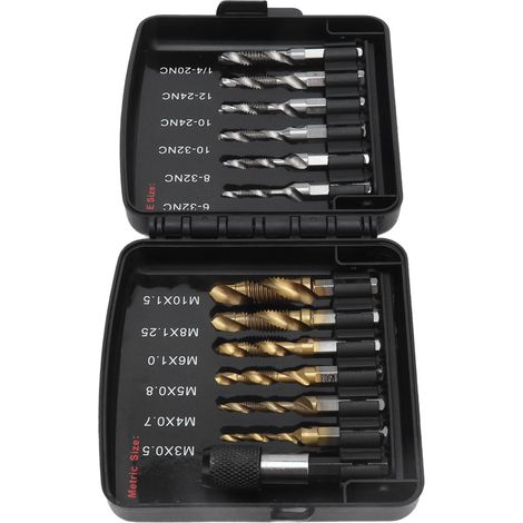 Lot de 12 forets taraudeurs combines HSS acier rapide traite Ti metric et US 1/4-20NC hex 1/4in avec rallonge 60mm et coffret (1/5)