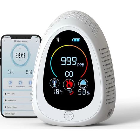 Détecteur Intelligent CO 2-en-1 avec Capteur Température Humidité, Alarme Connectée pour Intérieur Maison (1/5)