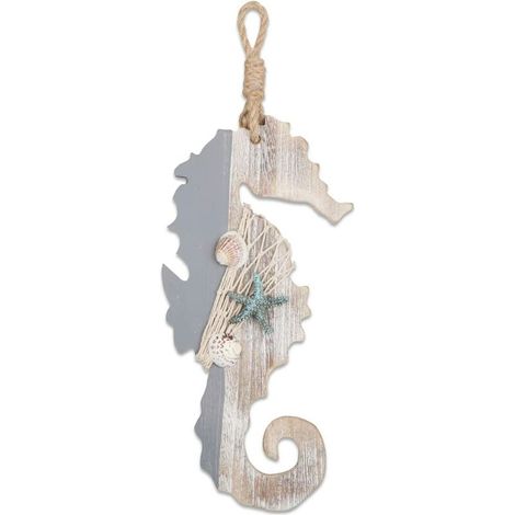 Cavalluccio marino decorativo in legno da 30 cm con stelle marine e conchiglie per decorazioni nautiche, arte da parete appesa (1/5)