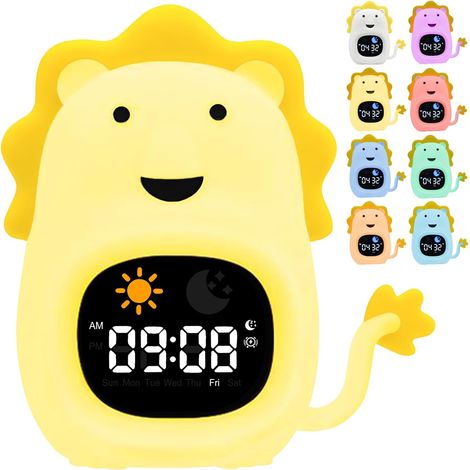 Reloj despertador infantil con luz nocturna, que incluye entrenamiento del sueño y máquina de sonidos. Lámpara de silicona recargable con ruido blanco. (1/5)