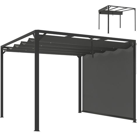 Outsunny pérgola de jardín 3x3 m con techo retráctil y lateral enrollable, cenador de jardín con estructura de aluminio, upf30+, para exterior, gris