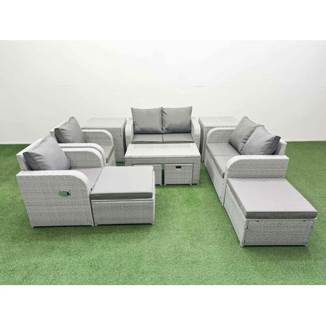 Fimous PE Wicker Rattan Furniture Sofa Sets with Oblong Coffee Table Love Sofa Reclining Chair 4 Stools 2 Side Table Light Grey Mixed (1/4)