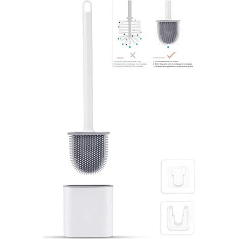 Brosse WC Silicone Plate- Brosse Toilette et Supports, Anti-goutte, Antibactérienne, Balayette WC Ventilée, Séchage Rapide sans Odeur, Balai WC Montage Mural/au Sol, Salle de Bain et WC Blanc (1/5)