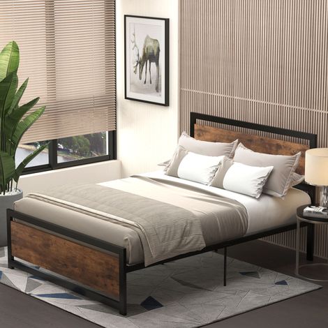 Cadre de lit double en acier avec sommier à lattes et tête de lit assortie, compatible avec un matelas de 190 x 140 cm, finition bois foncé (1/5)