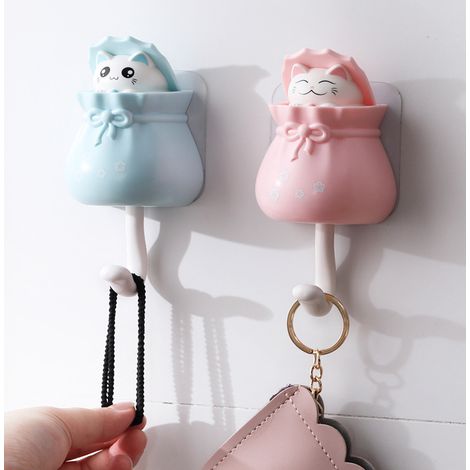 Patère murale décorative en forme de chat, rose, sans perçage, autocollante, idéale pour suspendre chapeaux, clés et serviettes. (1/5)