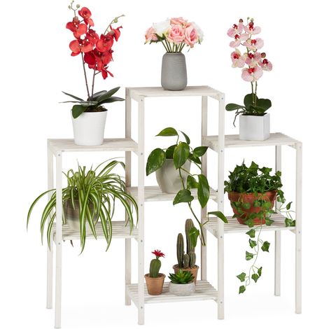 Relaxdays Scaffale per Fiori, 86,5 x 95 x 29,5 cm, Ripiani per Piante Decorativo, Portafiori Interni da Terra, Bianco