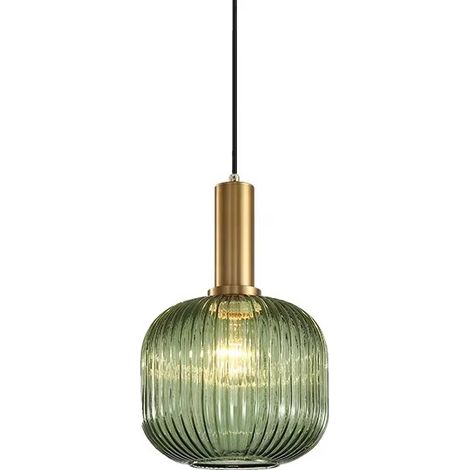 Suspension industrielle Ineasicer, lustre vintage, douille E27, abat-jour en verre rayé (vert, 20 cm)
