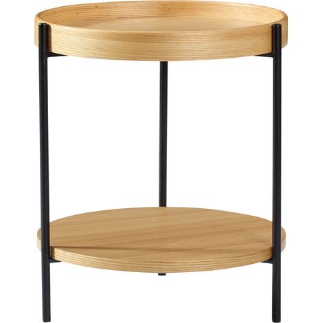 Table basse ronde en bois massif et métal avec plateau 2 étages, Ø69x38 cm, disponible en 3 couleurs (1/5)