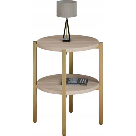 Table de chevet ronde moderne avec étagère 35x35x46 cm métal doré (1/5)