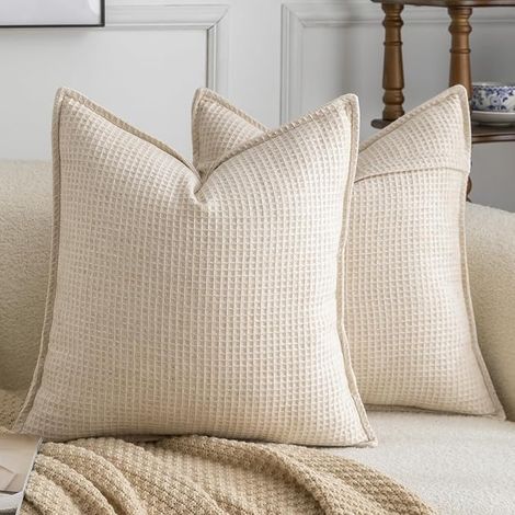 Housses de Coussin 60x60 cm Beige Clair Mélange de Lin Housses Uni Texturées pour Canapé Salon Chambre (1/5)