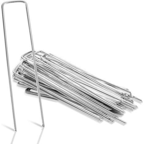 Lot de 200 piquets d'ancrage au sol galvanisés 150 mm de long 25 mm de large Ø 2,8 mm Ancres de sol stables pour toile anti-mauvaises herbes, toile de jardin, clôture & filet Ancres de sol (1/5)