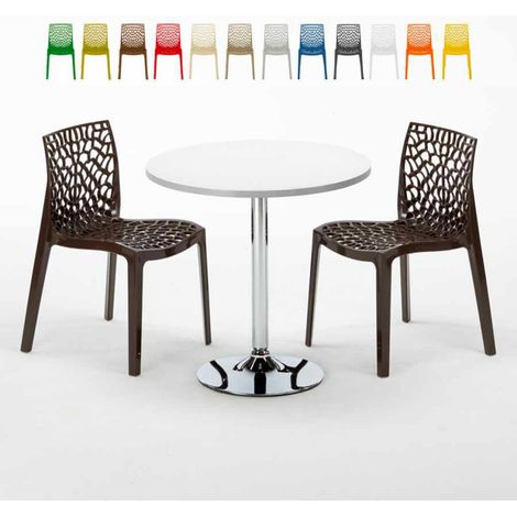 Table Ronde Blanche 70x70cm Avec 2 Chaises Colorées Grand Soleil Set Intérieur Bar Café Gruvyer Long Island - Marron (1/5)
