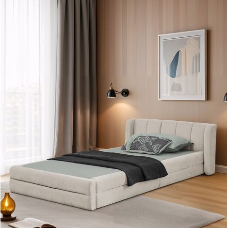 Lit simple 90x200 avec tête de lit chenille beige OKMYHOME (1/5)