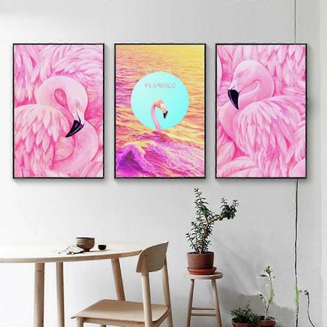 Affiche sur toile imprimée « Flamants roses au coucher du soleil », peinture à l'huile simple et tendance, décoration pour la maison, le salon, la chambre, le bureau et la chambre d'enfant ( (1/5)