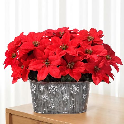 Artificial poinsettia flowers for Christmas table decoration, artificial floral arrangements in pots for home, kitchen, office, or fireplace (1/4)